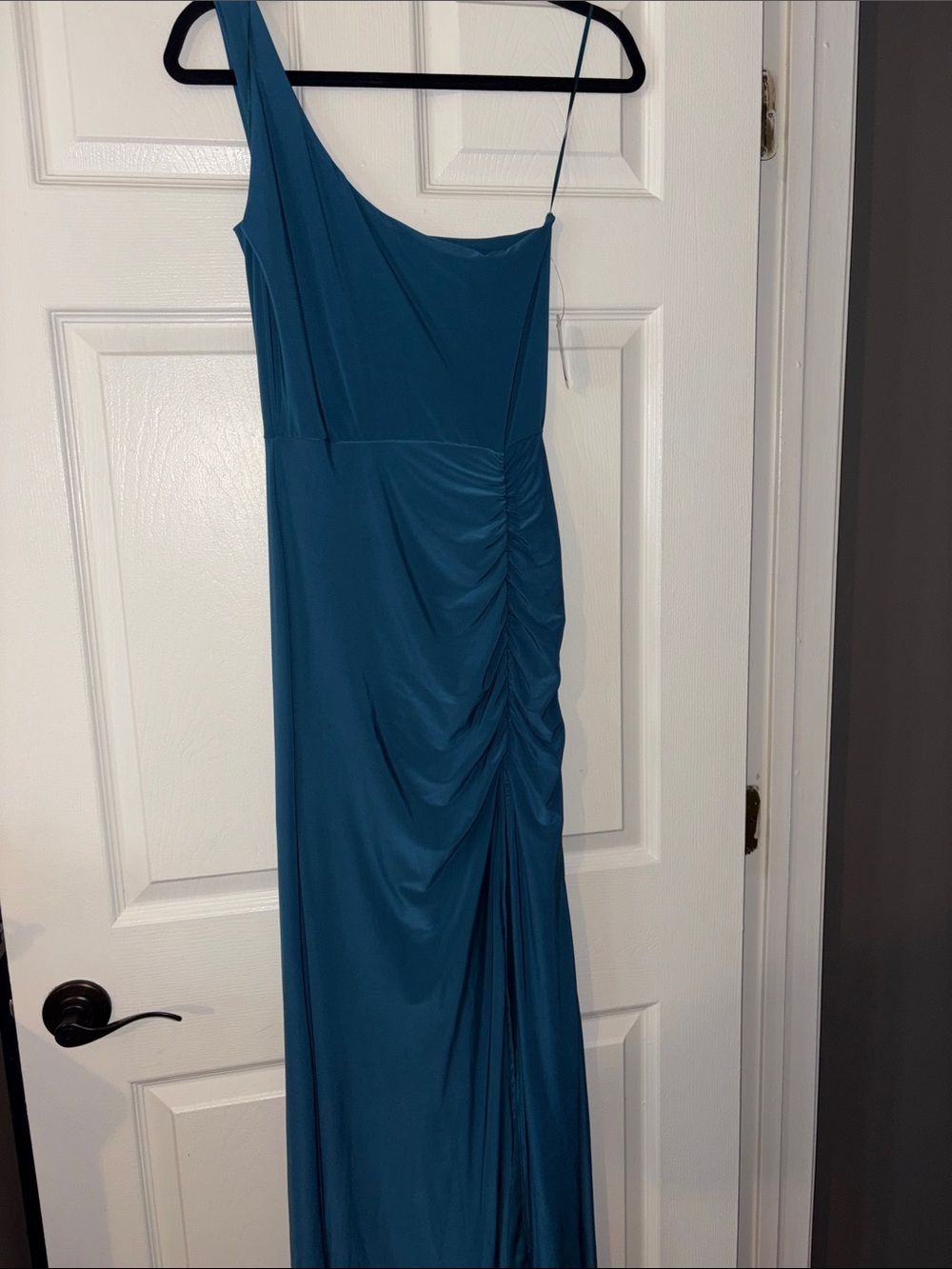 One-Shoulder Teal Ruched Evening Dress